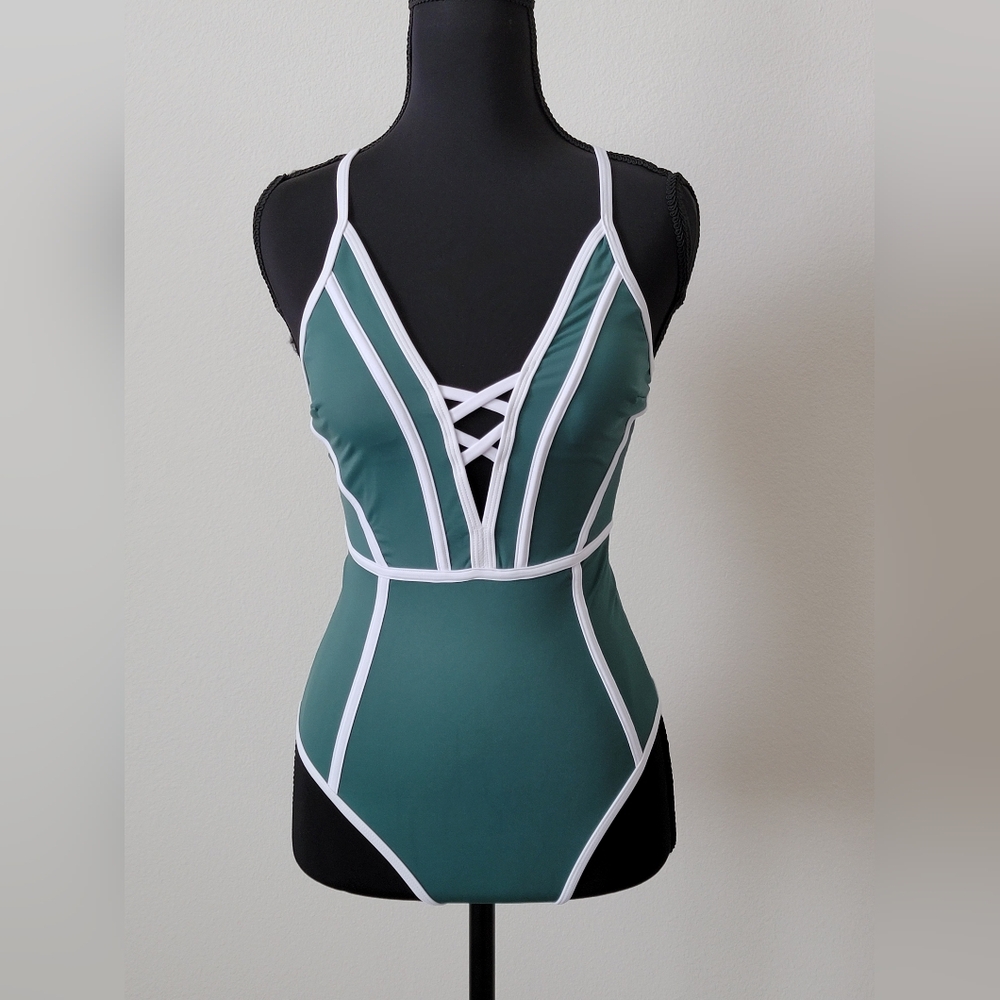 Cupshe Forest Green One-Piece Swimsuit with White Trim